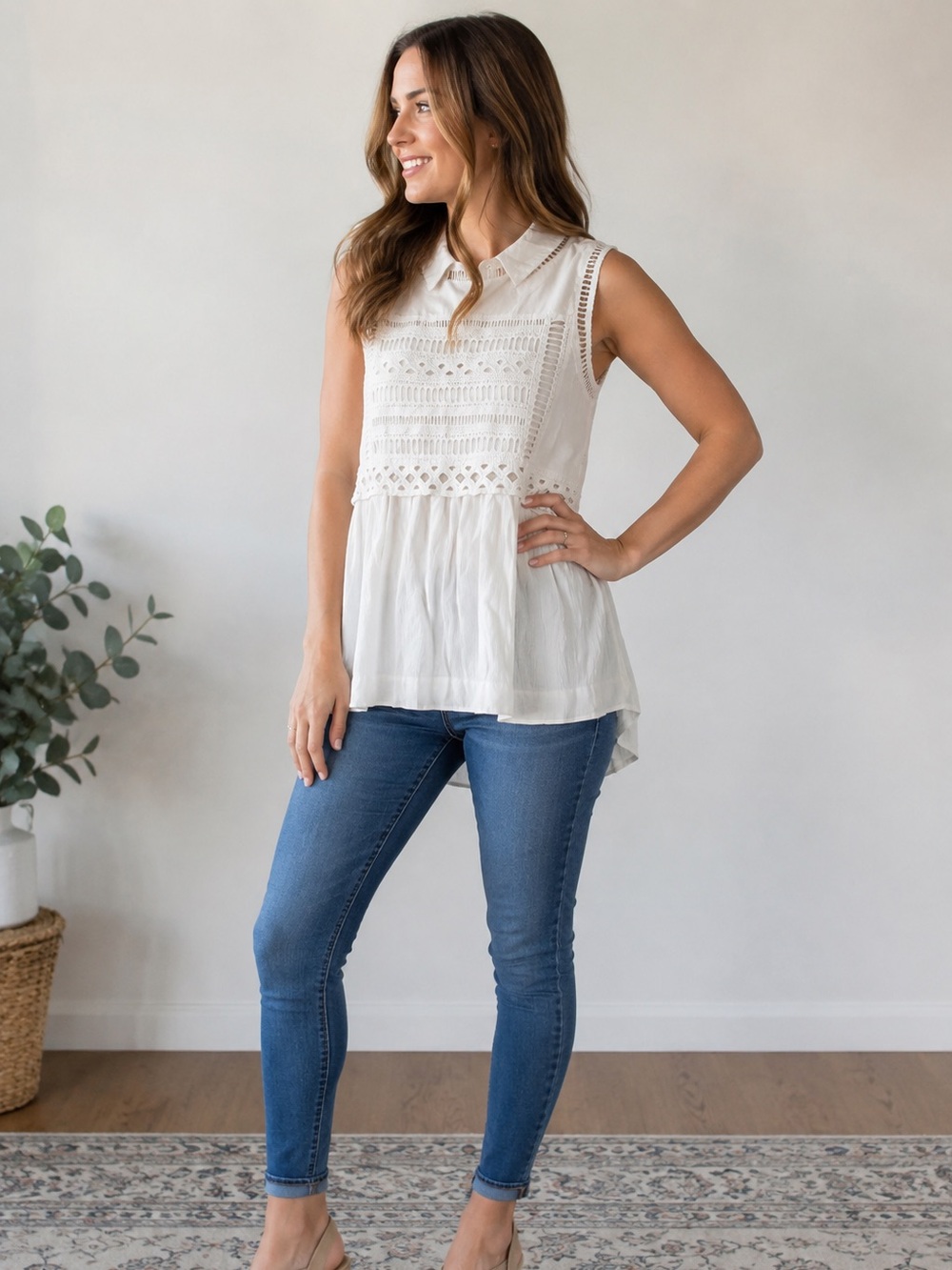 Free People White Eyelet Sleeveless Collared Cotton Top